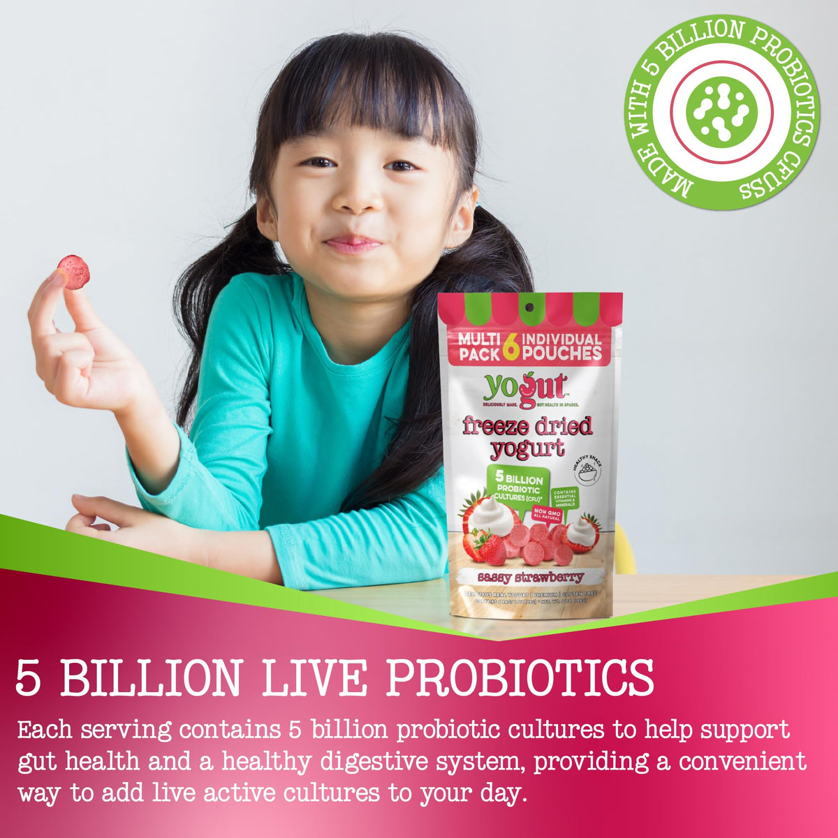 YoGut packs contain 5 billion live probiotic cultures per serving.