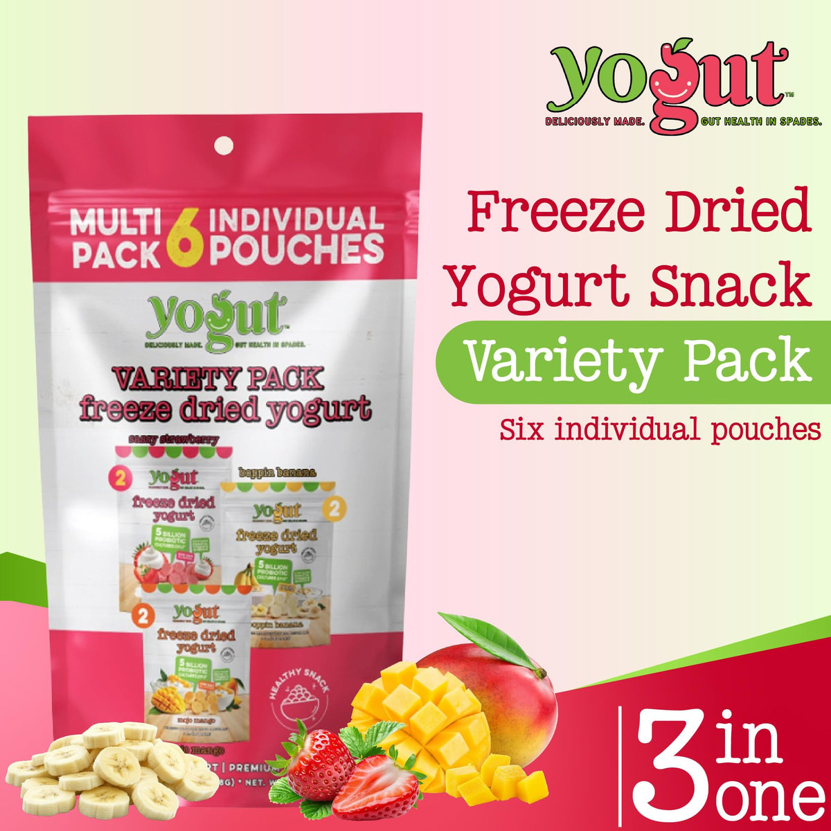 YoGut strawberry pack shot: convenient lunchbox snack with probiotics.