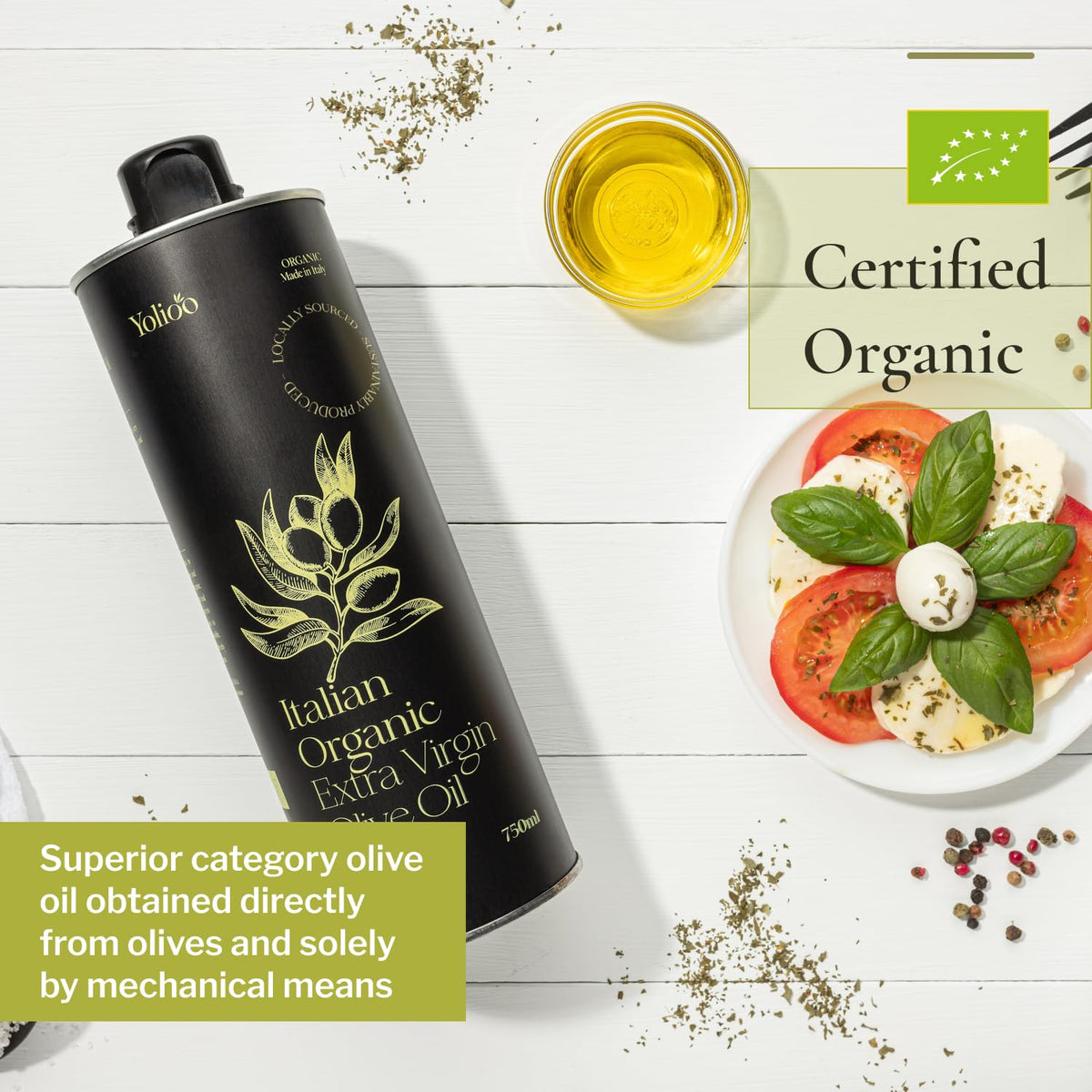 Yolioo organic certification seal highlights purity and traceability.
