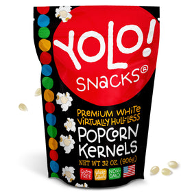 YOLO! Gourmet hulless popcorn bag showing freshness and resealability.