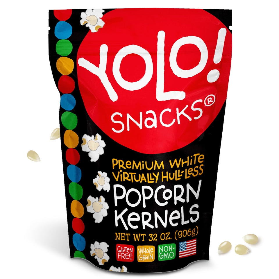 YOLO! Gourmet hulless popcorn bag showing freshness and resealability.