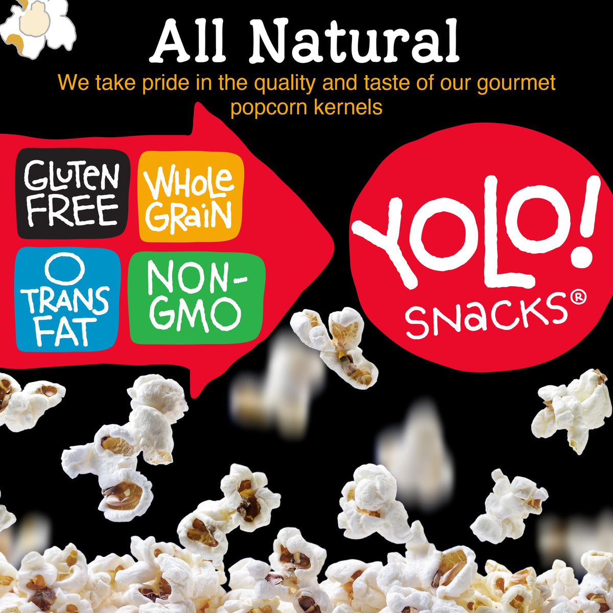 YOLO! kernels close-up reveals near hullless texture for smoother pops.