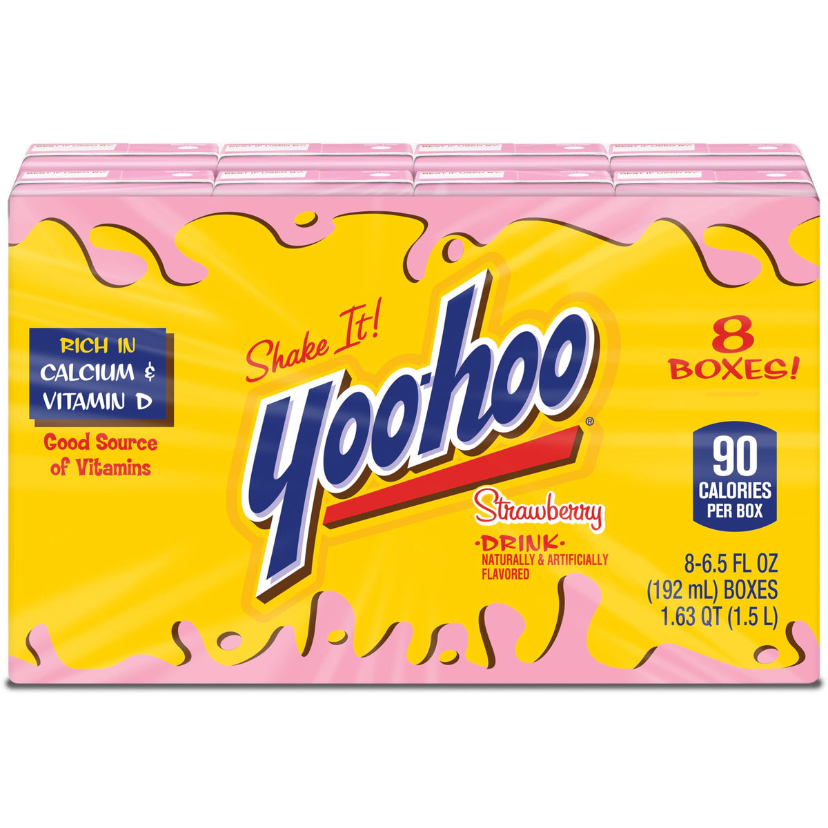 Yoo-Hoo Strawberry Drink pouring into a glass for a creamy sip
