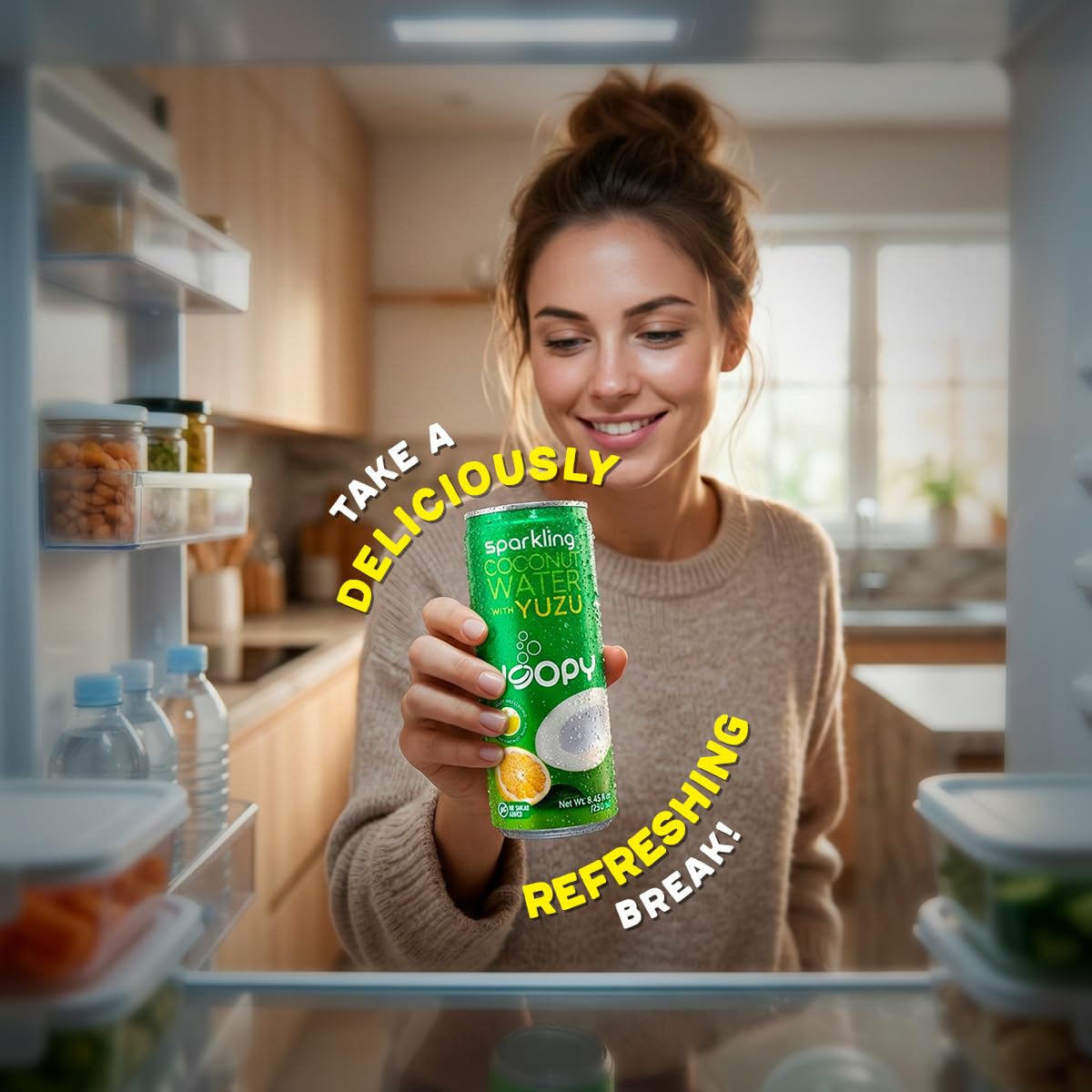 Close pour of Yoopy coconut water with yuzu showing crisp, tart notes.