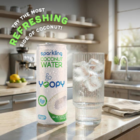 Yoopy sparkling coconut water label close-up highlights natural electrolytes.