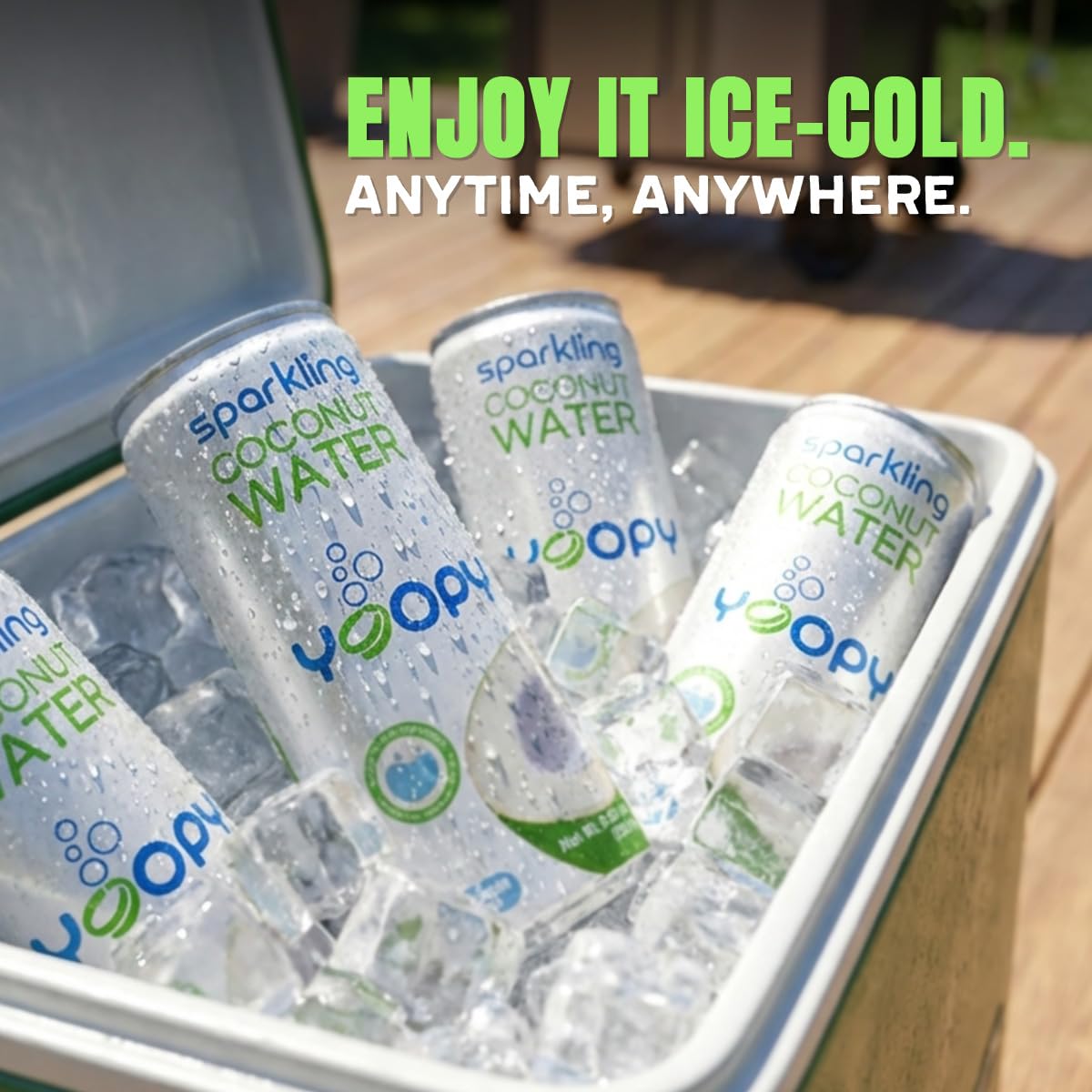Pouring Yoopy Sparkling Coconut Water into a glass for a refreshing, lightly carbonated sip.