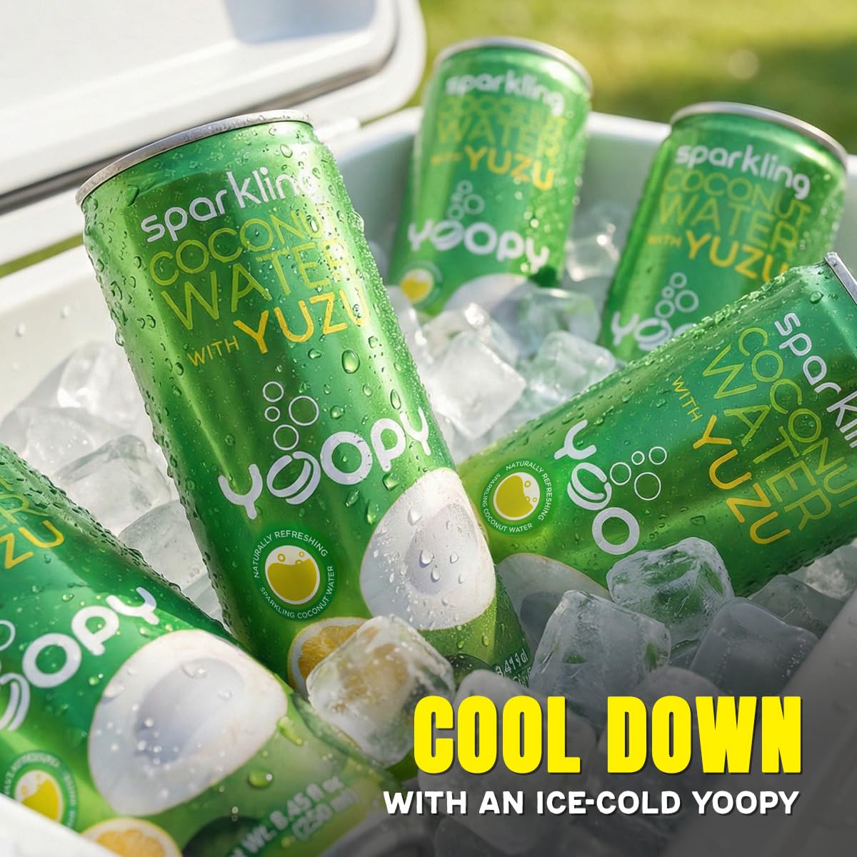 Yoopy Sparkling Coconut Water with Yuzu can held for on-the-go refreshment.