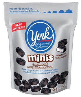 York Minis unwrapped dark chocolate peppermint patties pack front view for quick minty snacking