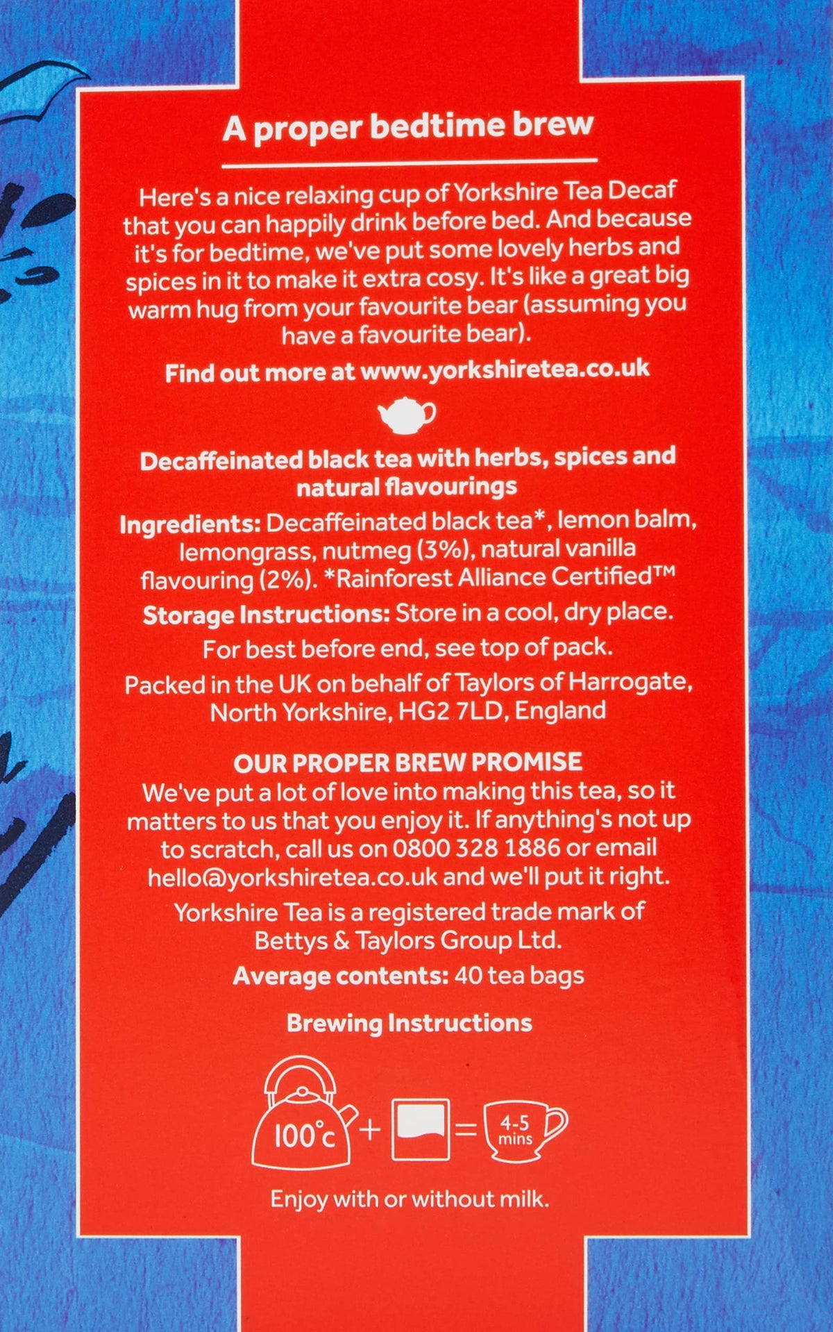 Yorkshire Tea Bedtime Brew pack sits on kitchen counter, ready to brew.