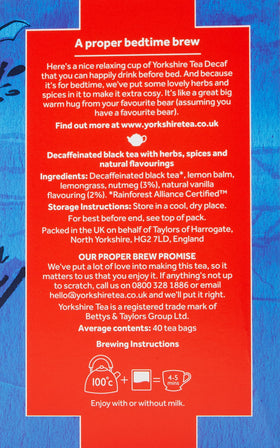 Yorkshire Tea Bedtime Brew pack sits on kitchen counter, ready to brew.