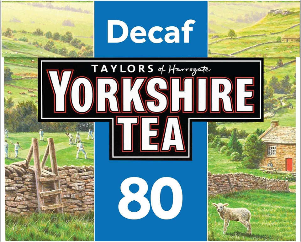 Yorkshire Tea Decaf tea bags in box, ready for a smooth caffeine-free brew.