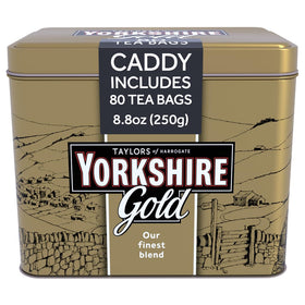 Yorkshire Tea Gold 80 teabag gift tin front view, ideal for gifting and breakfast rituals