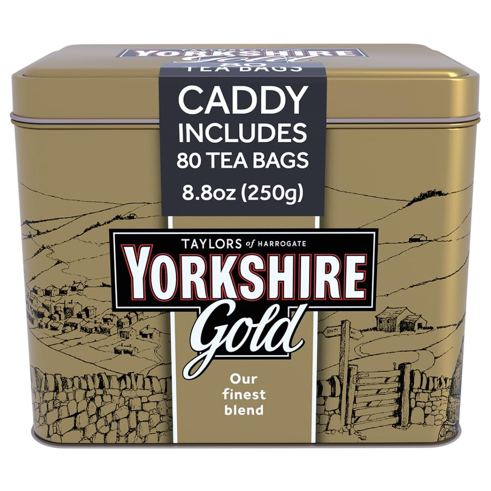 Yorkshire Tea Gold 80 teabag gift tin front view, ideal for gifting and breakfast rituals