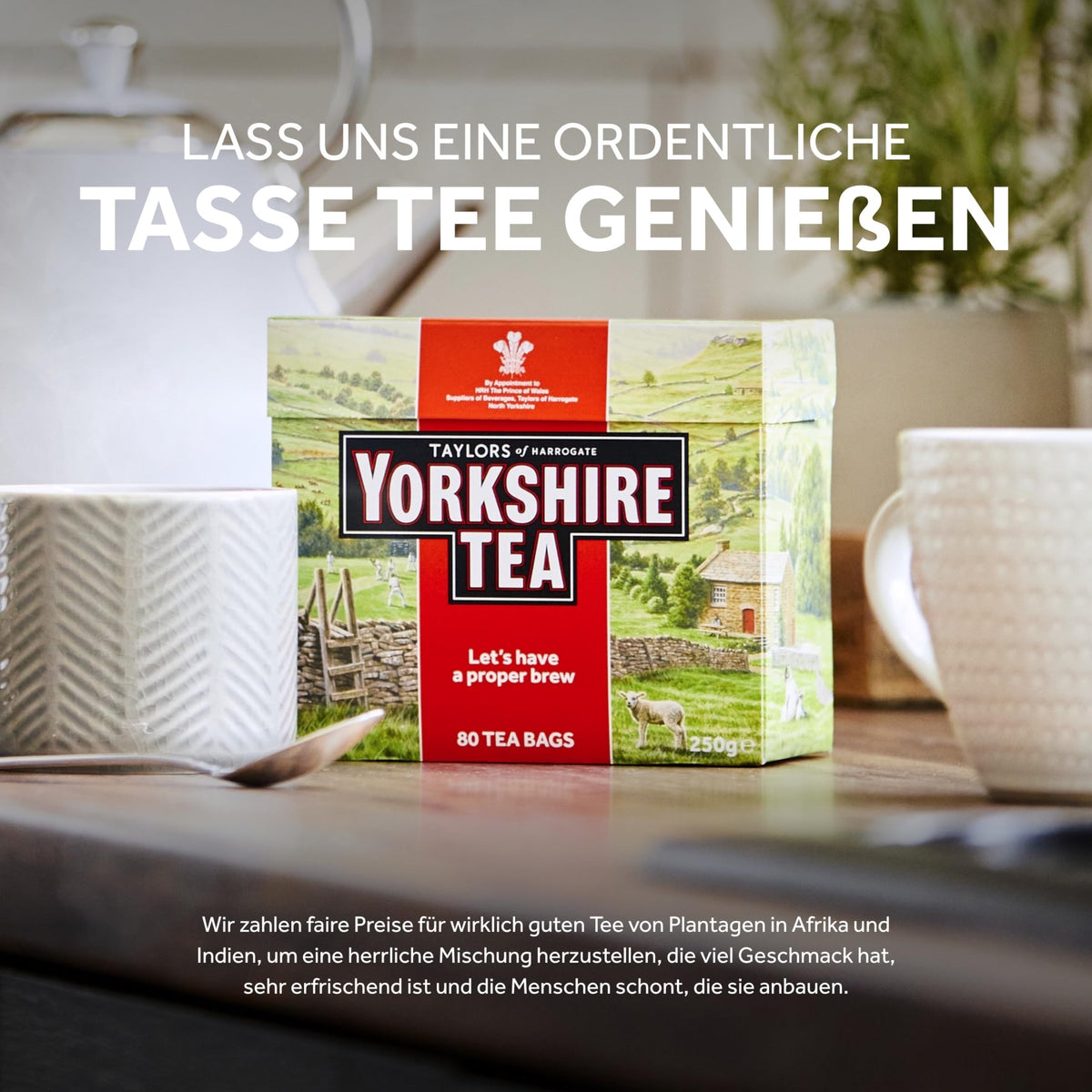 Yorkshire Tea hot cup with milk reveals a smooth, strong finish.