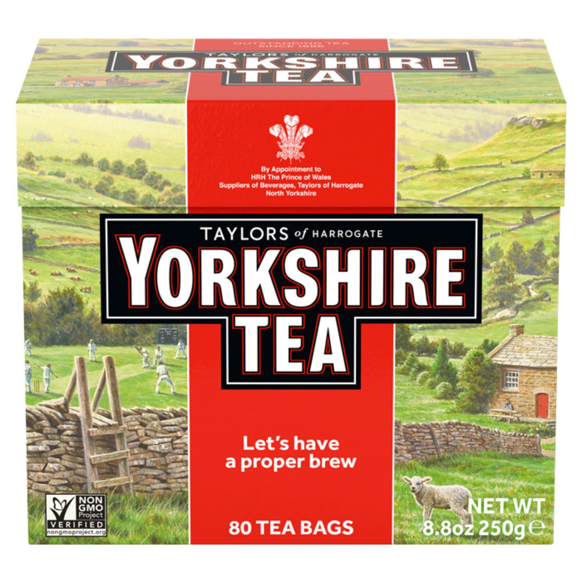 Yorkshire Tea pillow tea bags in an 80-count pack, ideal for daily breakfast ritual.