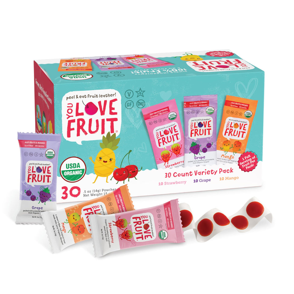 YOU LOVE FRUIT fruit snacks variety pack box-front for on-the-go snacking
