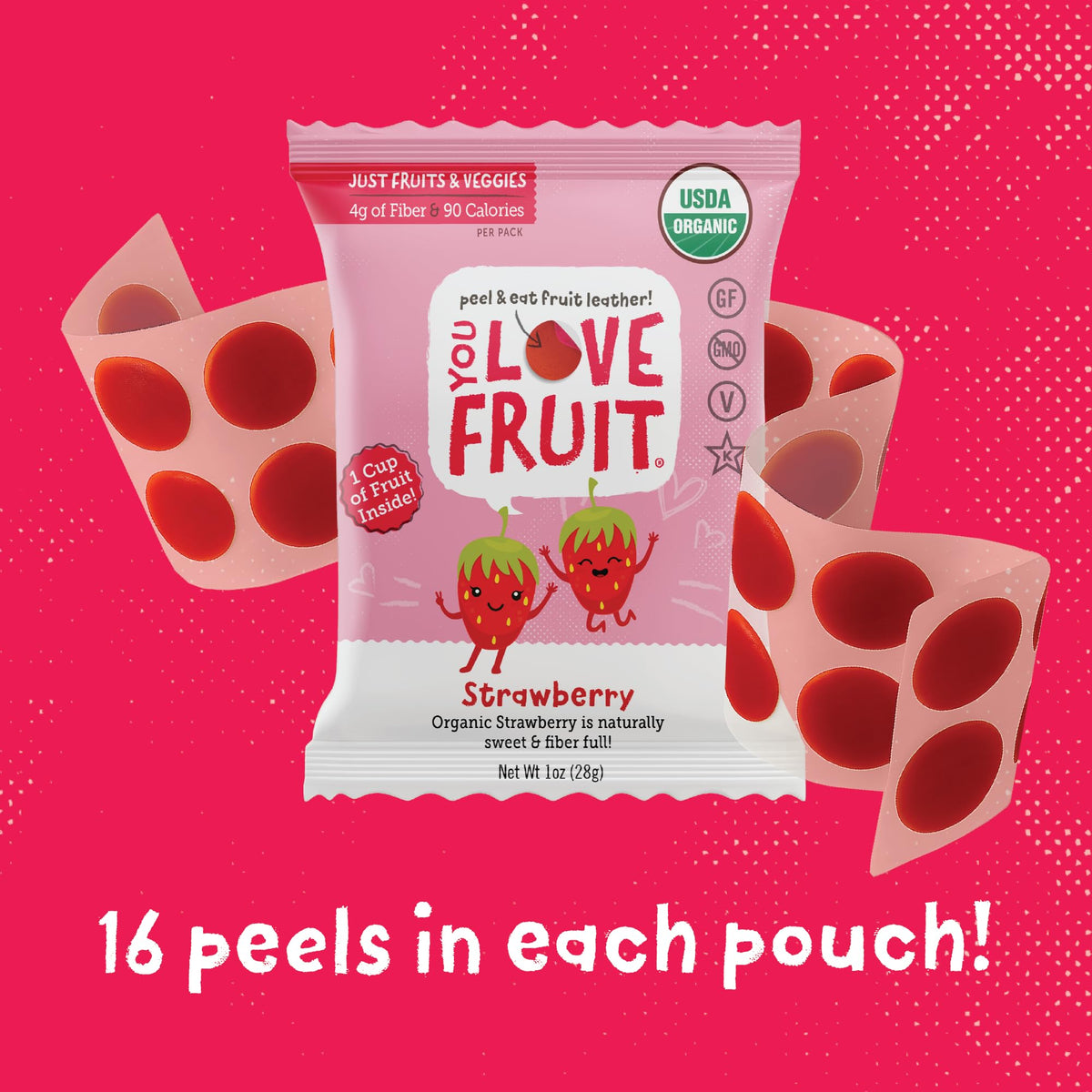 YOU LOVE FRUIT Strawberry snacks bar closeup highlights real fruit pieces and natural sweetness.