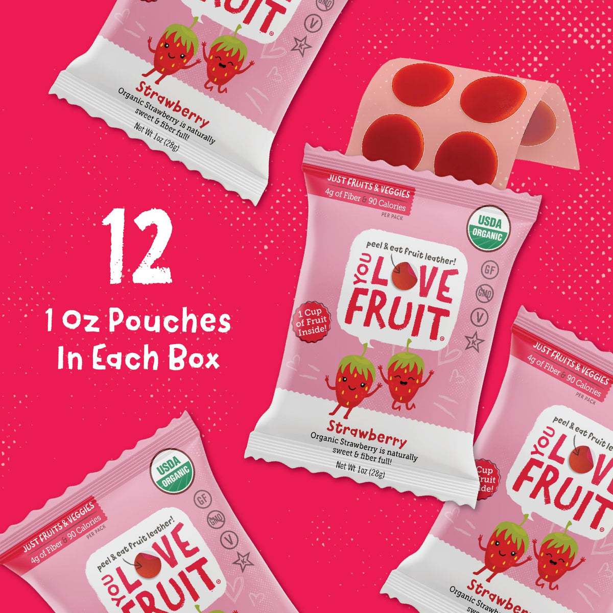 YOU LOVE FRUIT open pack reveals vibrant strawberry snacks ready for quick snacking.