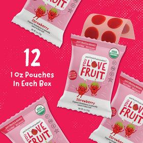 YOU LOVE FRUIT open pack reveals vibrant strawberry snacks ready for quick snacking.