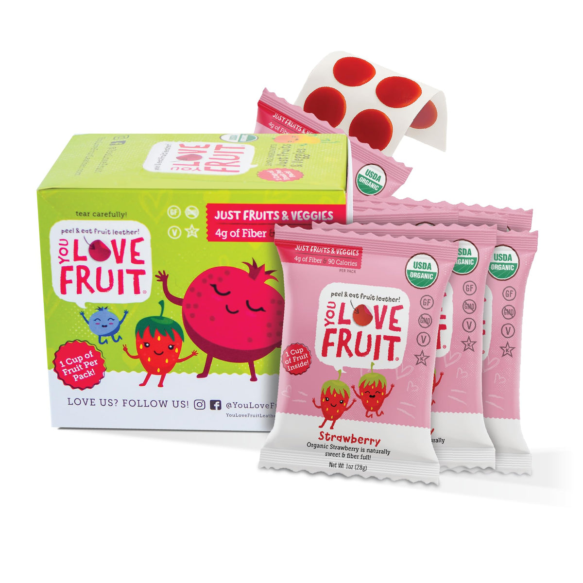 YOU LOVE FRUIT Strawberry snacks pack front, a convenient gluten-free treat.