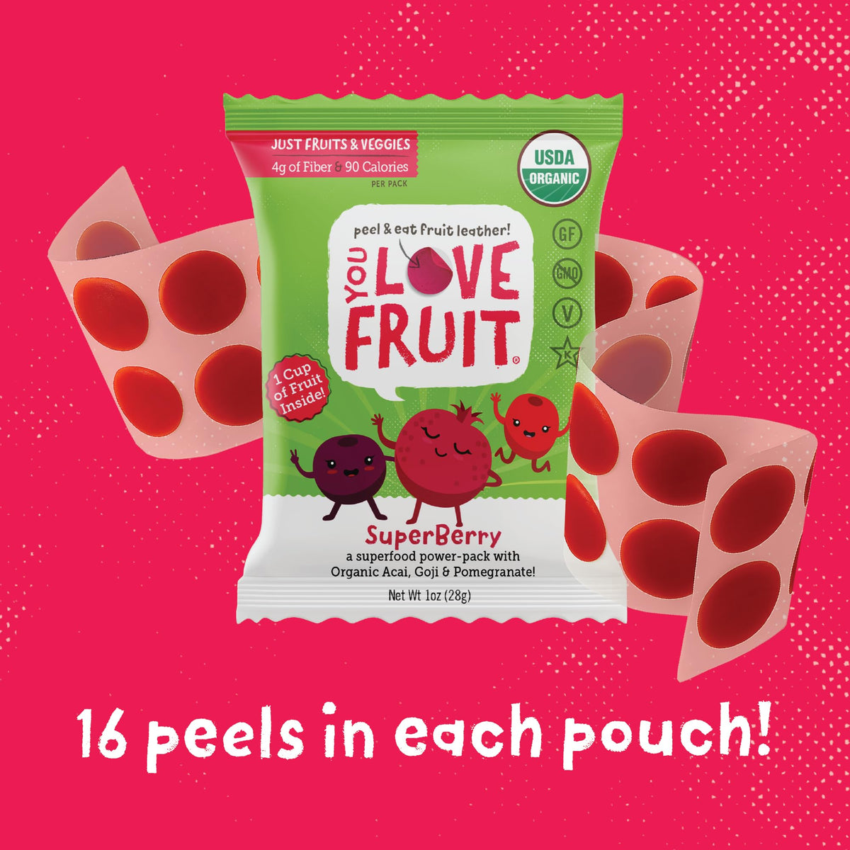You Love Fruit SuperbERRY fruit leather close-up highlighting real fruit ingredients for natural snacking.