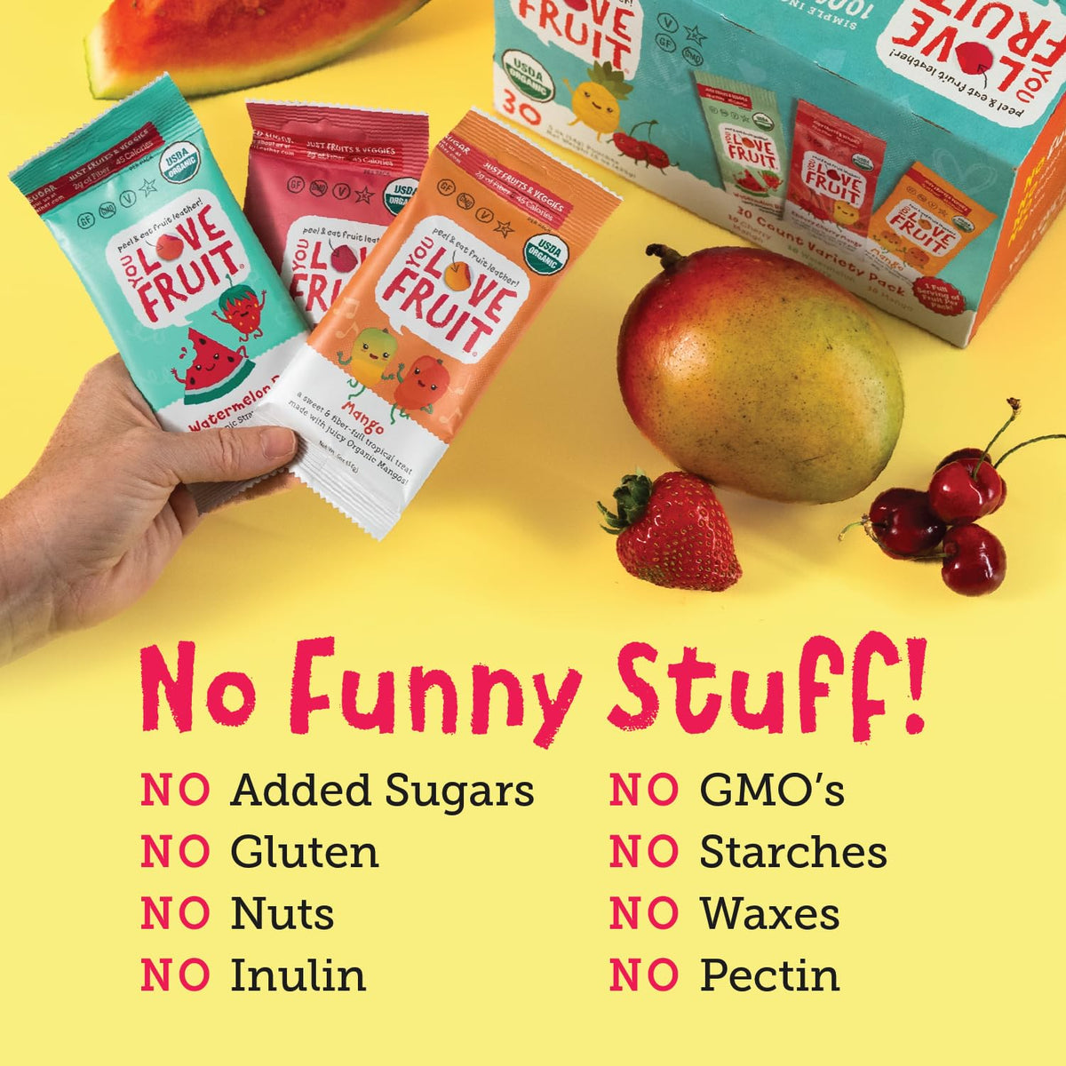 You Love Fruit SuperbERRY packaging opened to show pliable fruit leathers, convenient for lunchboxes.