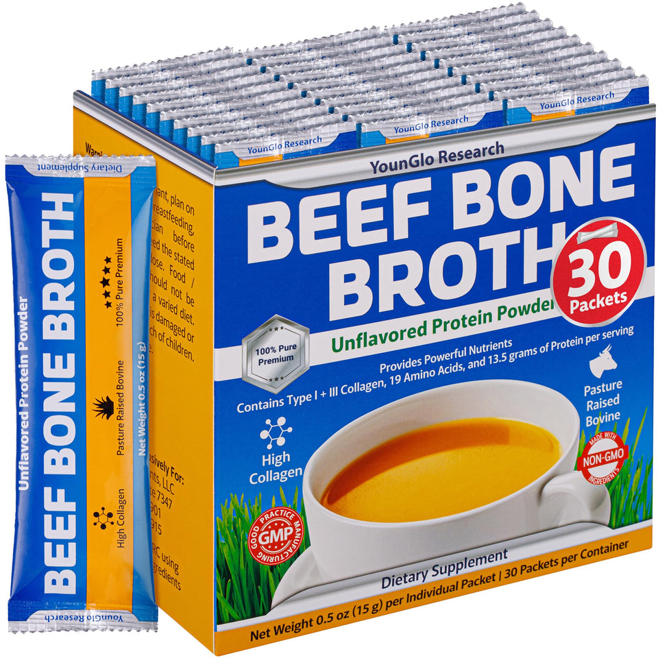 YounGlo Research bone broth powder bottle showing high collagen content