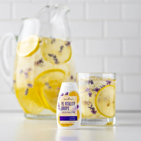 Close-up of Young Living YL Vitality Drops bottle label highlighting electrolytes