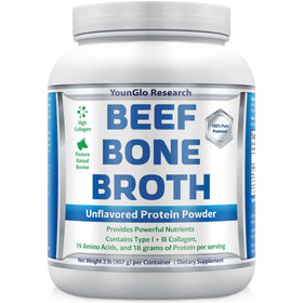 YounGlo Research bone broth powder tub ready for quick high-protein meals