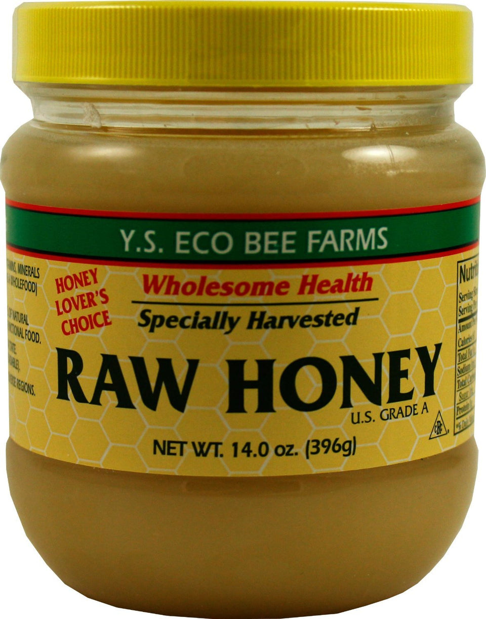 YS Eco Bee Farms Raw Honey jar, raw and unfiltered for natural sweetness and versatile kitchen use.