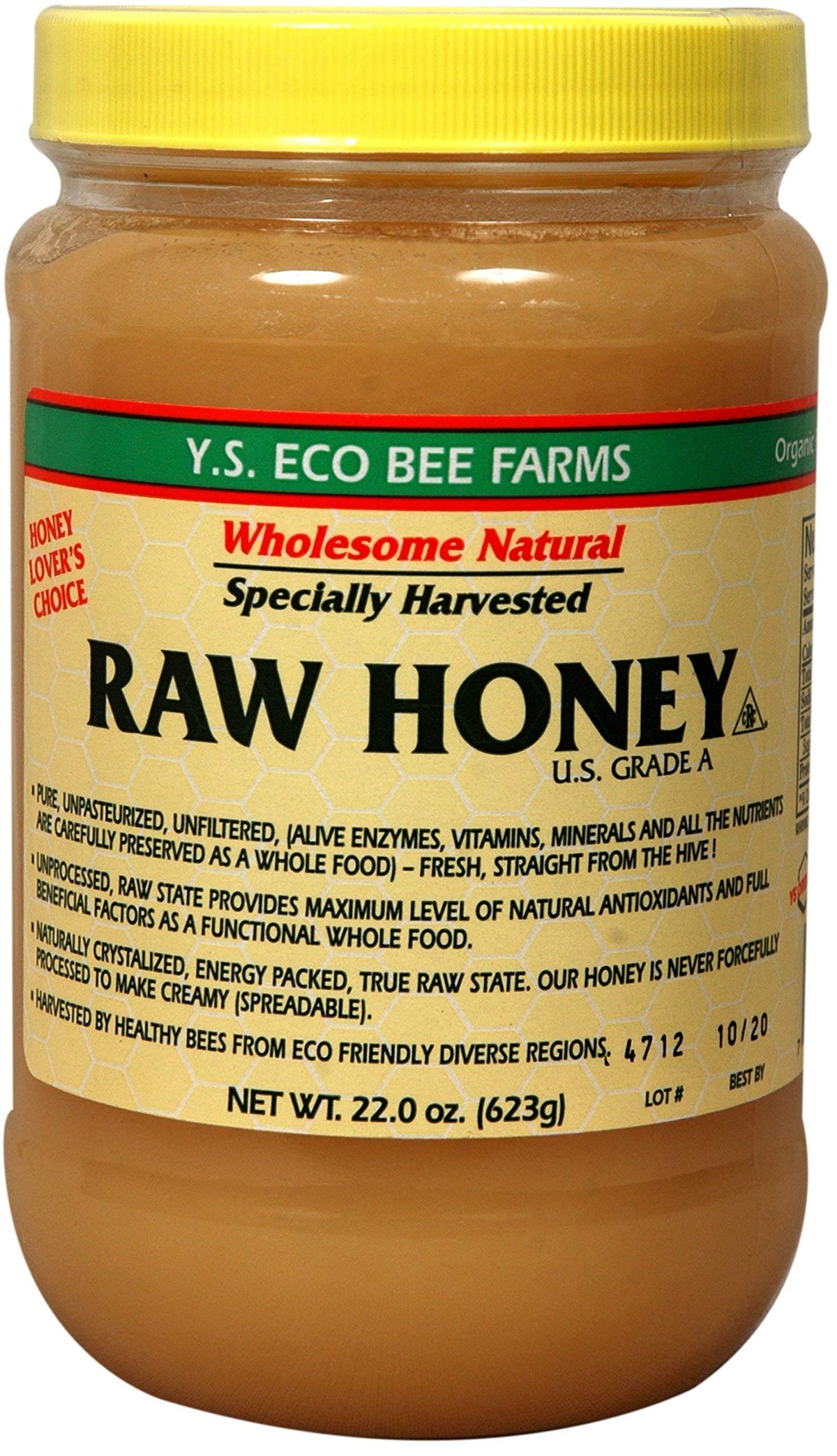 YS Eco Bee Farms Raw Honey 22 oz jar front view, natural daily sweetness.