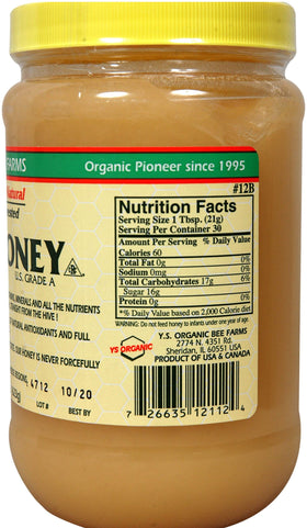 YS Eco Bee Farms Raw Honey 22 oz jar pour, convenient drizzle for tea and snacks.