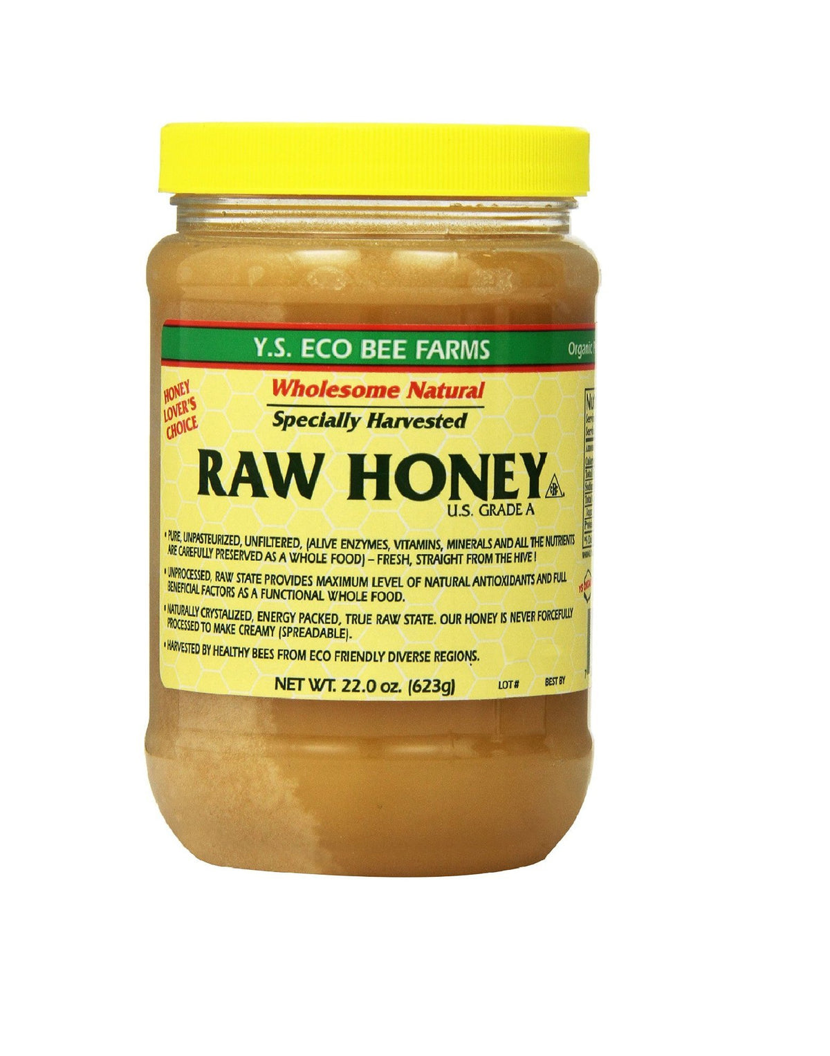 Y.S. Organic Bee Farms raw honey label—premium quality, versatile pantry staple.