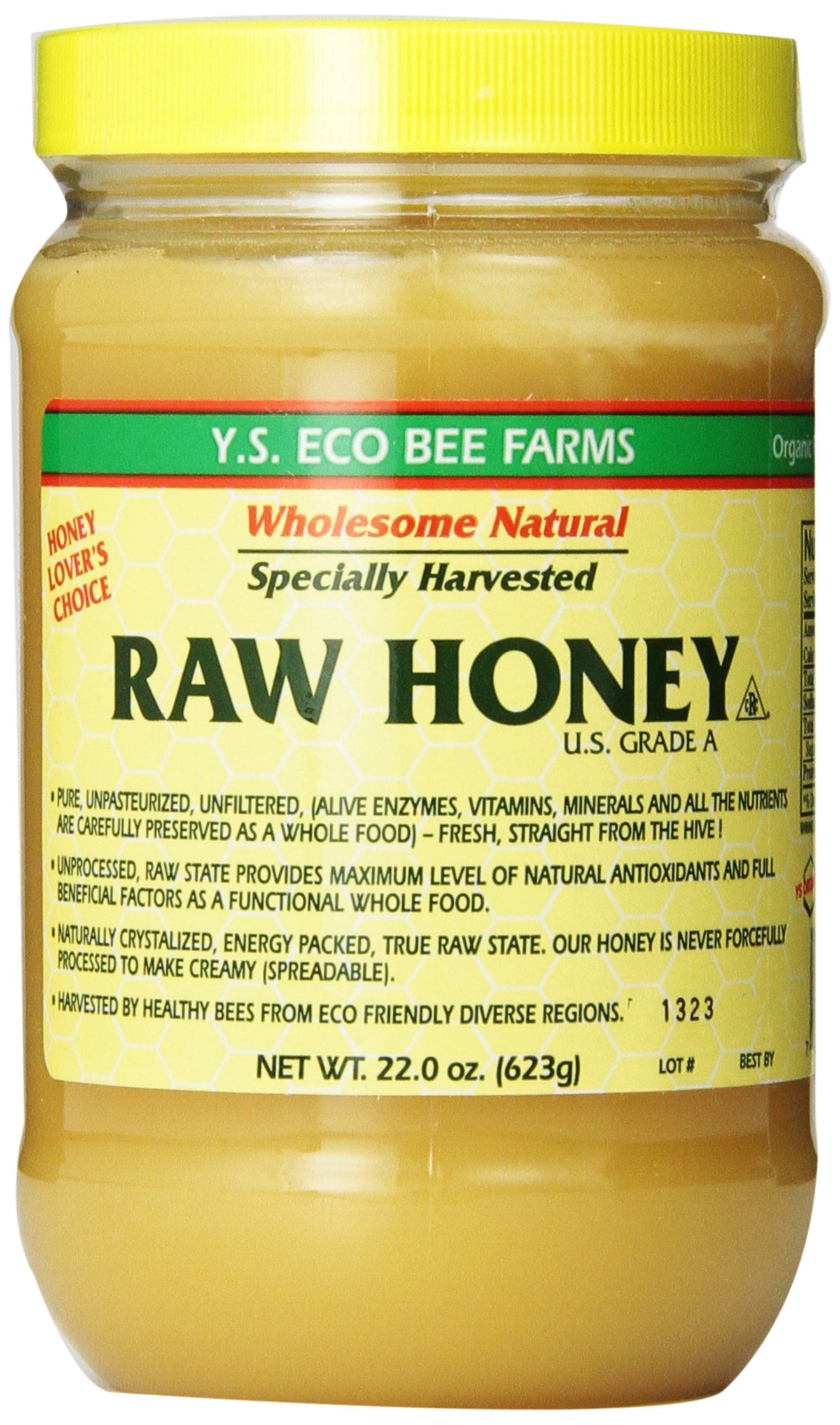 YS Eco Bee Farms Raw Honey 22 oz jar front view, rich amber color for tea.