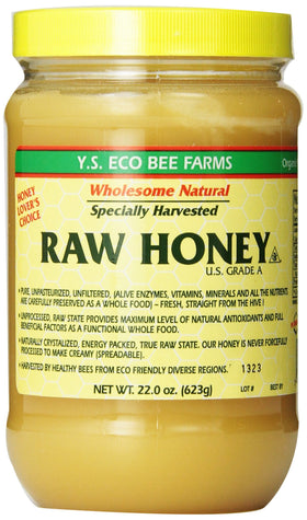 YS Eco Bee Farms Raw Honey 22 oz jar front view, rich amber color for tea.
