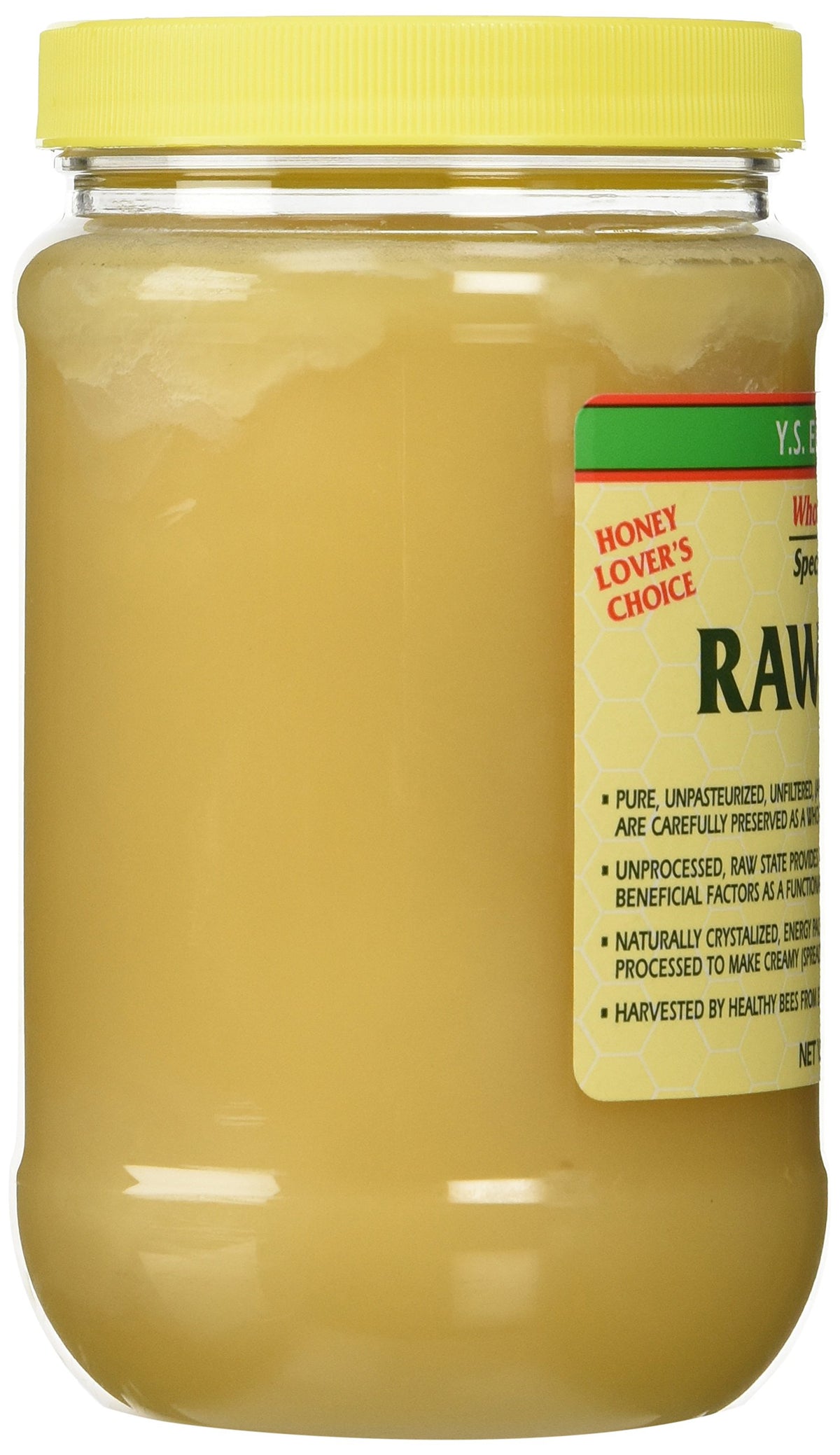YS Eco Bee Farms raw honey label close-up, highlighting premium quality.