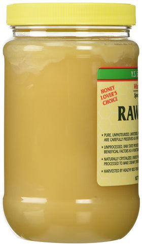YS Eco Bee Farms raw honey label close-up, highlighting premium quality.