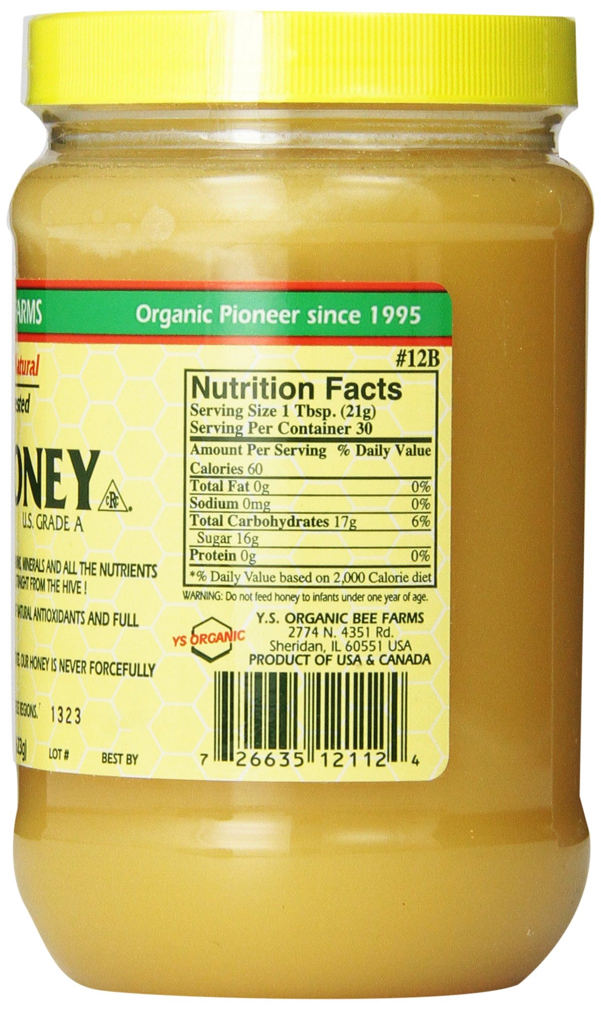 YS Eco Bee Farms Raw Honey 22 oz jar pouring motion, ideal natural sweetener for breakfast.