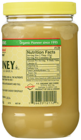 YS Eco Bee Farms raw honey pour, ideal for tea and toast.