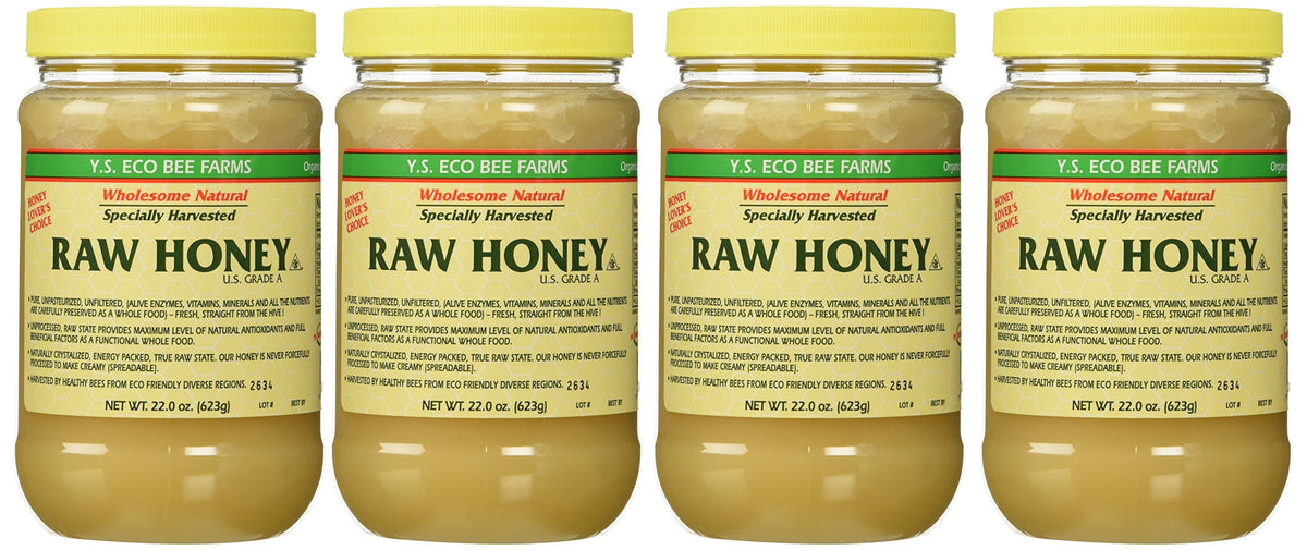 YS Eco Bee Farms raw honey jar top view shows four 22 oz jars for pantry use.