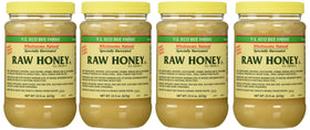 YS Eco Bee Farms raw honey jar top view shows four 22 oz jars for pantry use.