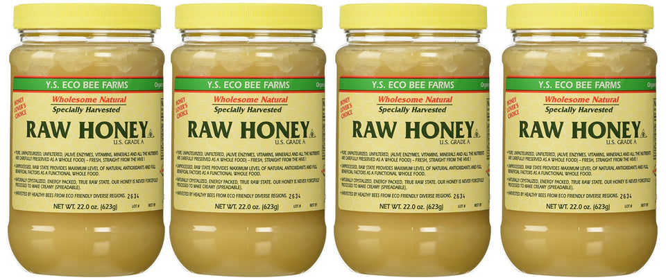 YS Eco Bee Farms raw honey jar top view shows four 22 oz jars for pantry use.