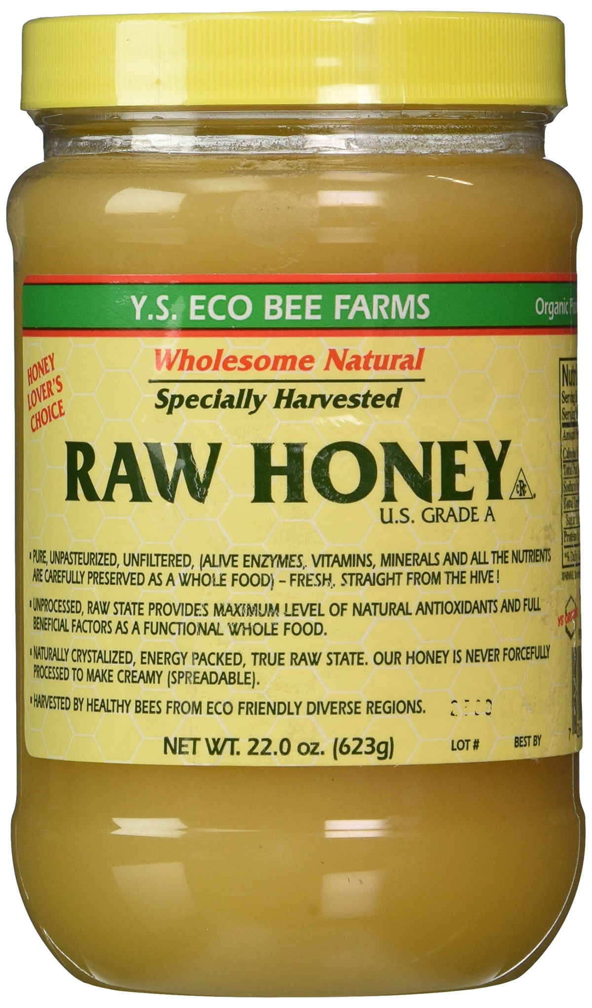 YS Eco Bee Farms raw honey jar, three 22-ounce packs, perfect for breakfast and tea.
