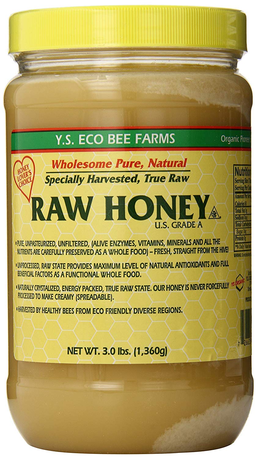 YS Eco Bee Farms RAW HONEY 3lb jar in golden amber, ideal for tea and toast.