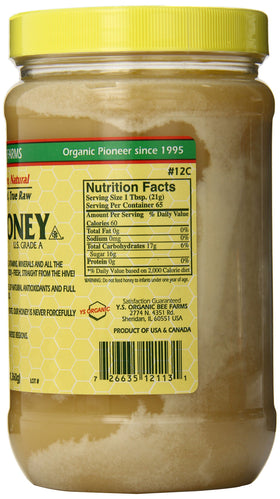 YS Eco Bee Farms RAW HONEY pour, unpasteurized and unfiltered, perfect for baking and drizzle.