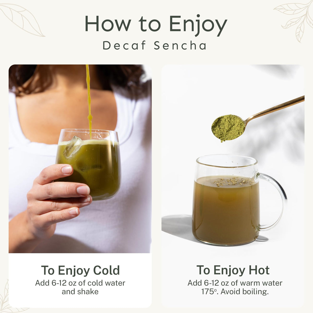 Hot cup of Yu Tea decaf sencha brew with nutty, umami notes.