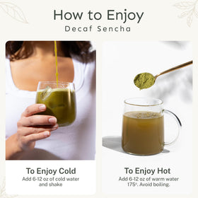 Hot cup of Yu Tea decaf sencha brew with nutty, umami notes.