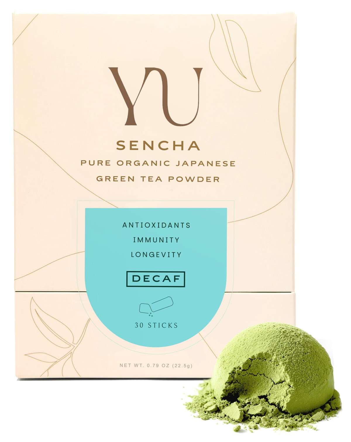Yu Tea decaf sencha powder in packaging front, caffeine-free brewing option for busy days.