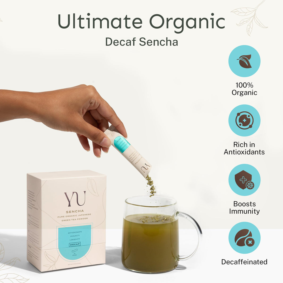 Close-up of Yu Tea decaf sencha single-serve stick for on-the-go convenience.