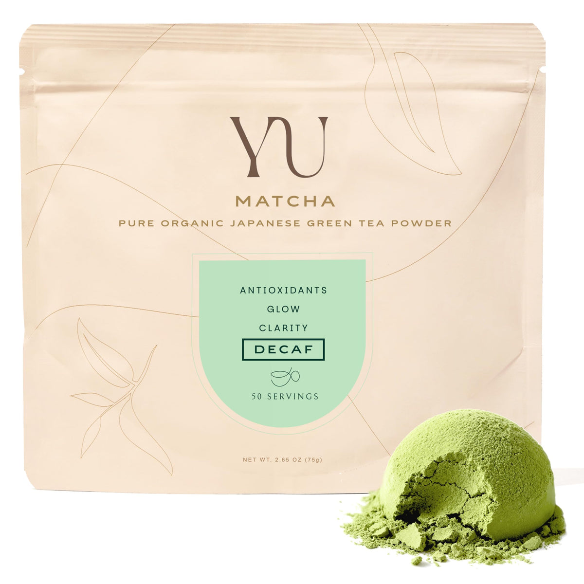 Yu Tea organic decaf matcha powder pouch showing resealable freshness for daily use.